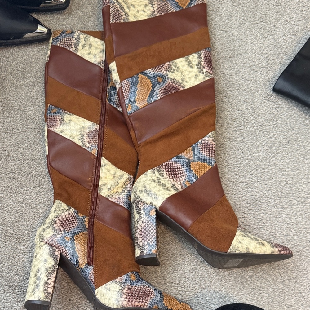 Brown and Snake Print Knee-High Boots